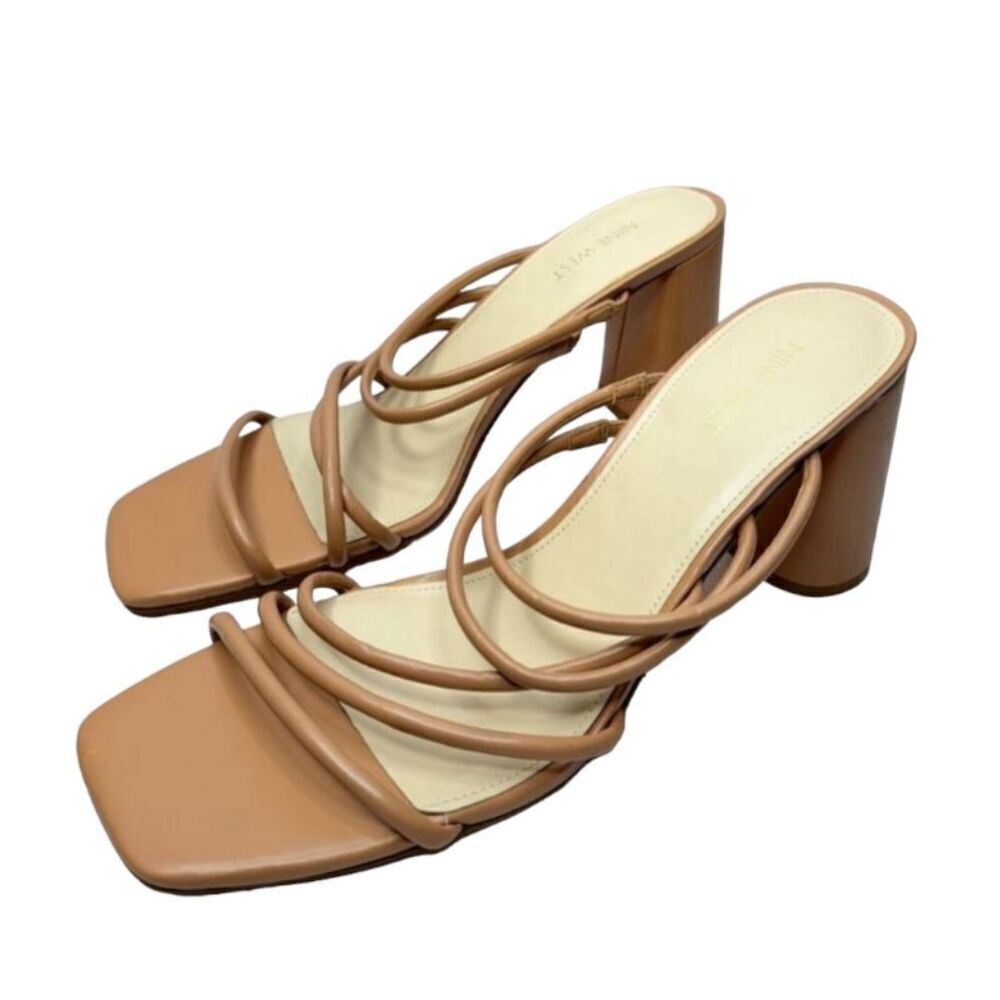 Nine West Sandals Ladies Size 12 Tan Strappy‎ Square Open Toe Block Heel